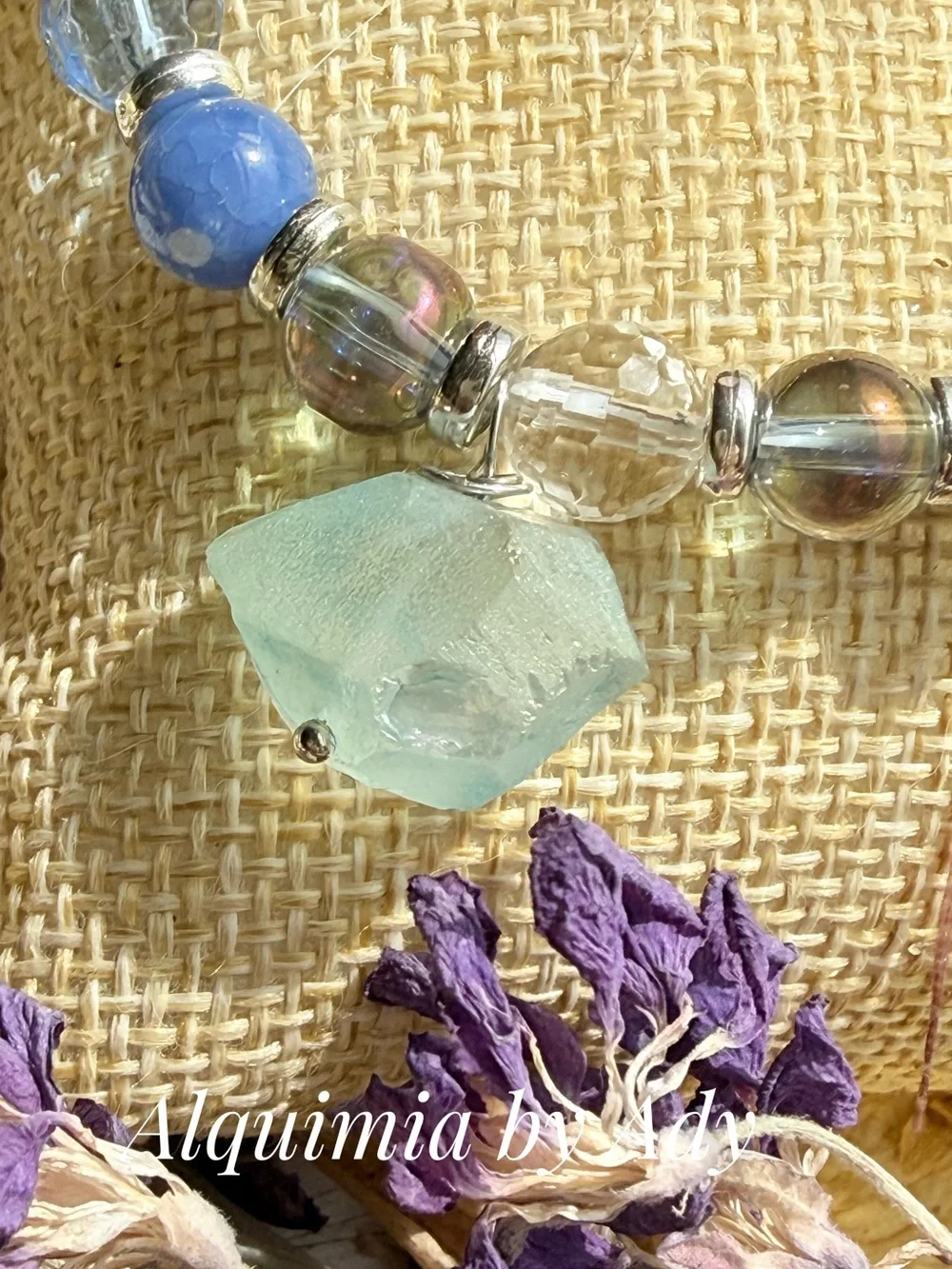 Gemstones Aqua, Blue & Iridescent Beaded Bracelet with raw aquamarine Charm